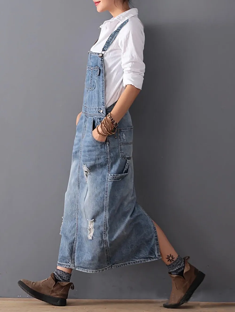 Ripped Denim Overall Dress