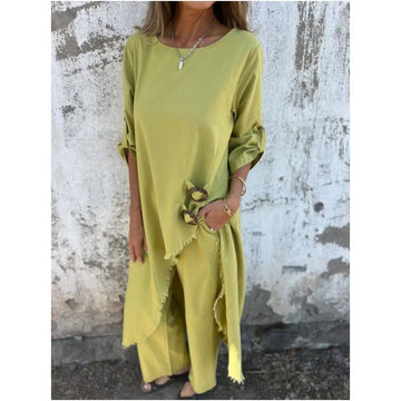 2025 Spring and Summer New Cotton and Linen Dress + Pants Two-Piece Set