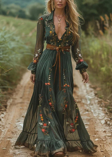 Retro V-neck Floral Women's Long-sleeved Long Skirt Country Pastoral Retro Dress