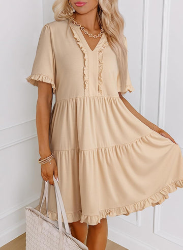 V Neck Short Sleeve Casual A Line Flowy Swing Shift Dress