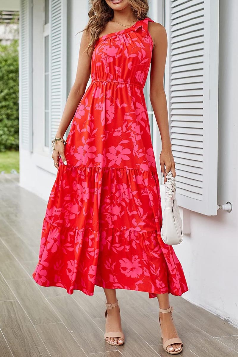Women's Floral Knotted Off-Shoulder Ruffled Flowing Dress
