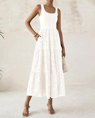 Women's Casual Sleeveless Eyelet Dress with Pockets
