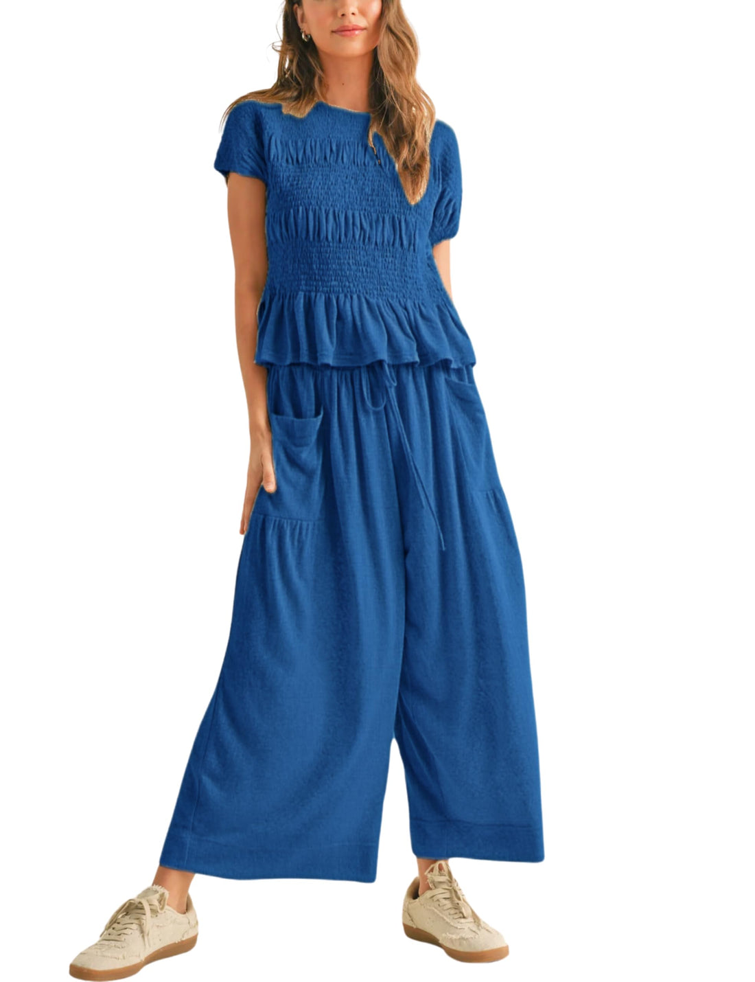 Women's Pleated Top Wide Leg Pants Set with Pockets