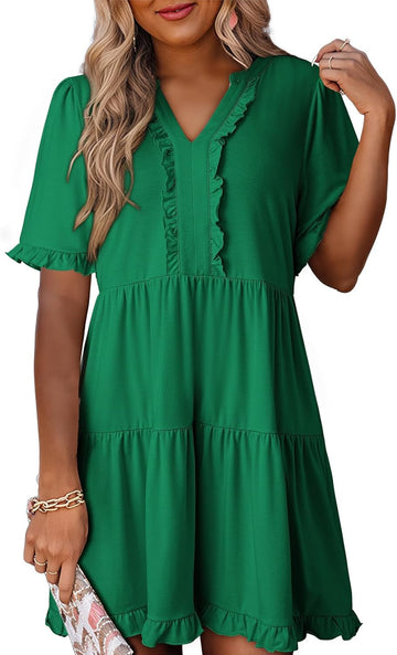 Women's V Neck Short Sleeve Casual A Line Flowy Swing Shift Dress