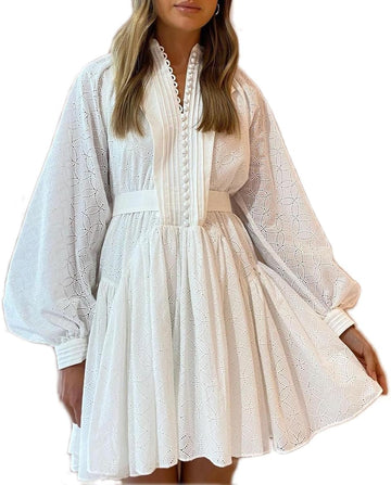 Women's Bohemian Button Down Long Lantern Sleeve Shift Tunic Dress