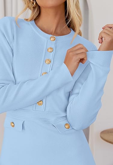 Long Sleeve Bodycon Button Crew Neck Elegant Mini Sweater Dress
