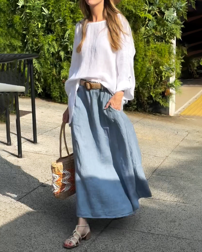 Cotton And Linen Top & Overskirt Two-piece Set (without Belt)