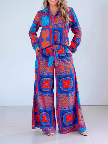 Stylish Blue Red Printed Top & Lace-Up Wide-Leg Pant Set