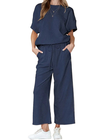 Women's Textured Loose Fit T Shirt and Drawstring Pants Casual Set