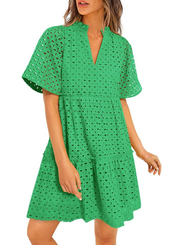 Women's V Neck Hollow Out Eyelet Ruffle Dress