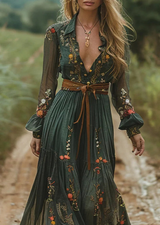 Retro V-neck Floral Women's Long-sleeved Long Skirt Country Pastoral Retro Dress