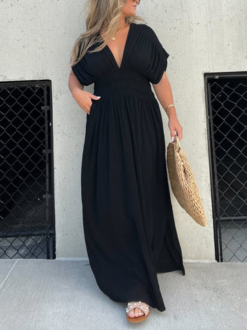 Solid Color V-Neck Bat Sleeve Elastic Waist Slimming Slit Skirt
