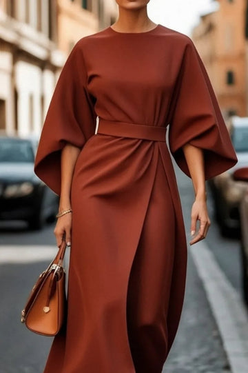 Elegant Solid Color Waist Bat Sleeve Dress