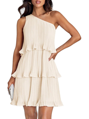 Women's Summer One Shoulder Ruffle Tiered Layered Chiffon Flowy A Line Dress