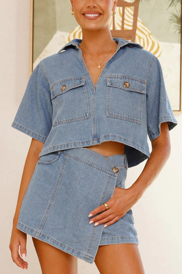 V-neck Short-sleeved Loose Top and Irregular Pocket Jeans Skirt Set