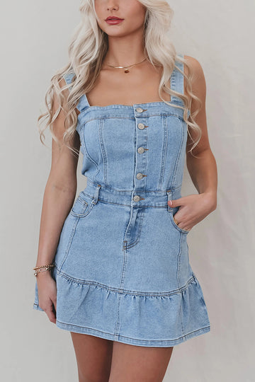 Square Neck Suspender Button Pocket Denim Mini Dress