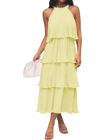 Women's Summer Halter Neck Ruffle Tiered Layered Chiffon Flowy Swing Midi Dress
