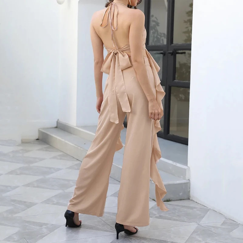 Ruffle Slit Halter Tank and Pocketed Wide Leg Pants Set