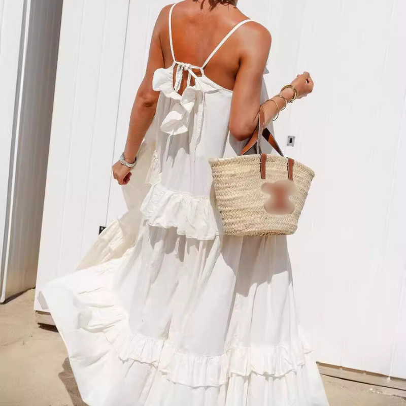 Sexy Solid Color Ruffle Flounce U Neck Sling Dresses