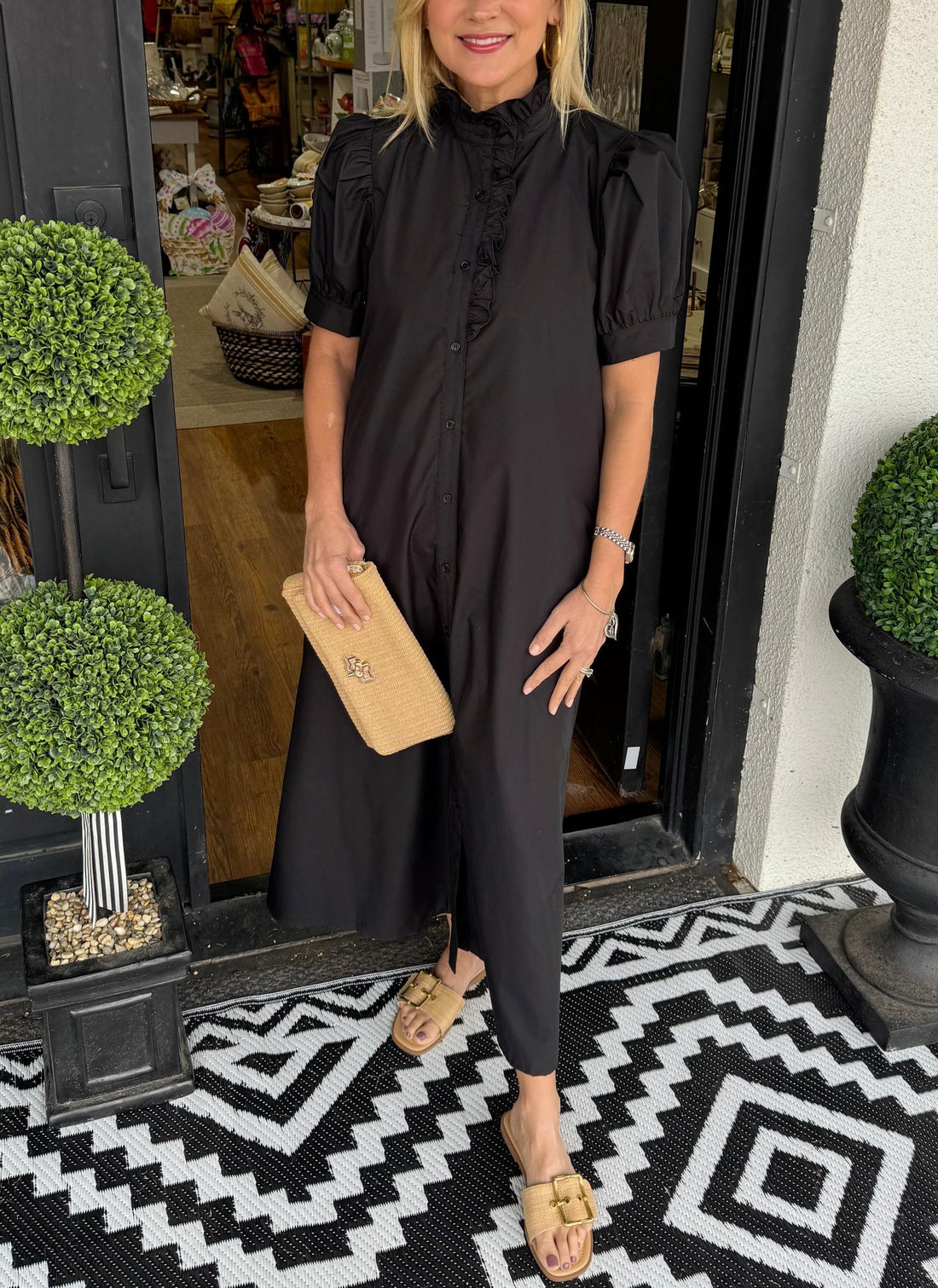 Women's Solid Puff Sleeve Button-Up Shirt Dress