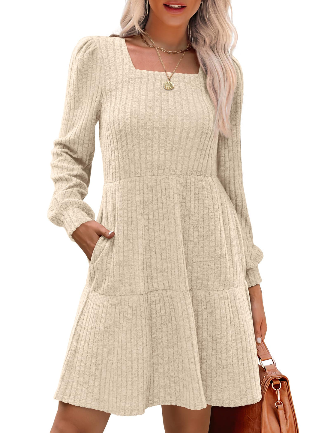 Women's Square Neck Ribbed Sweater Dress