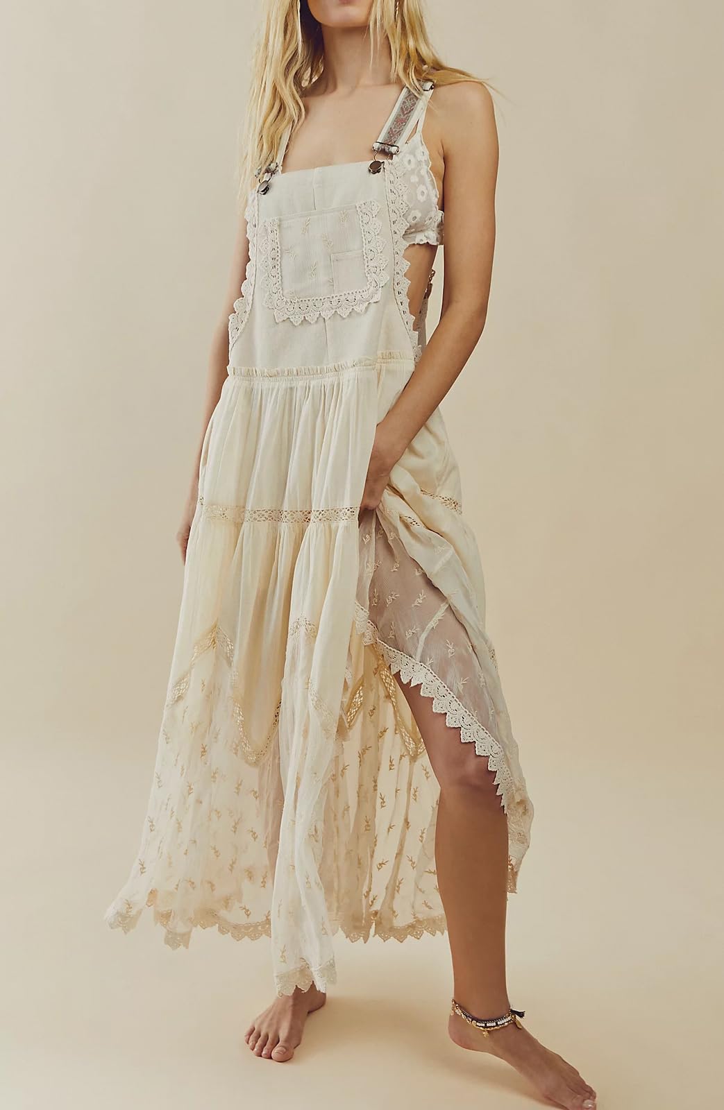 Lace Embroidered Maxi Dress Adjustable Strap Flowy Dress
