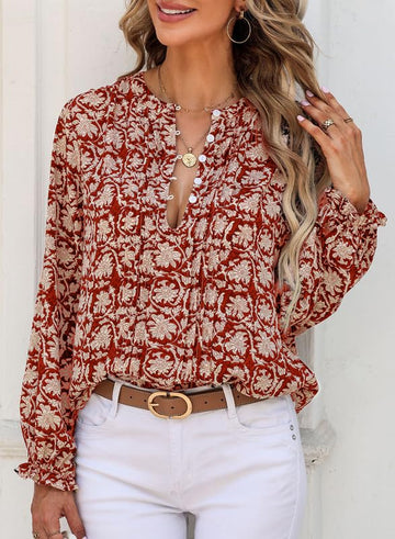 Women's Casual Henley Button Down Long Sleeve Floral Shirt