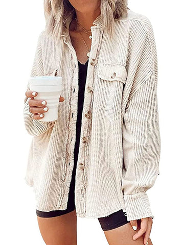 Women's Waffle Long Sleeve Button Down Shirt Jackets