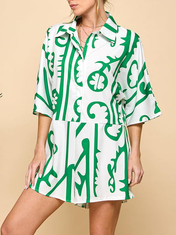 Women's Casual Printed Button-Up Jumpsuit with Pockets