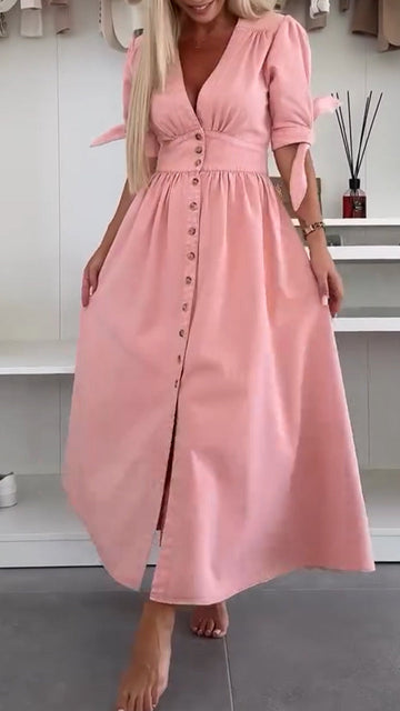 Women V-neck Short Sleeve Denim Button Dress