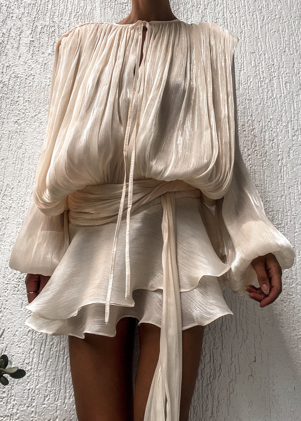 Long Sleeve Satin Silk Tie Up Elegant Mini Dress