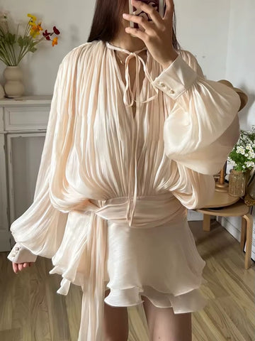 Long Sleeve Satin Silk Tie Up Elegant Mini Dress