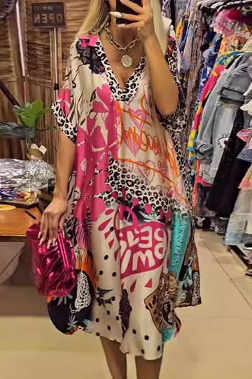 Letters Leopard Irregular V Neck A Line Short Sleeve Dress