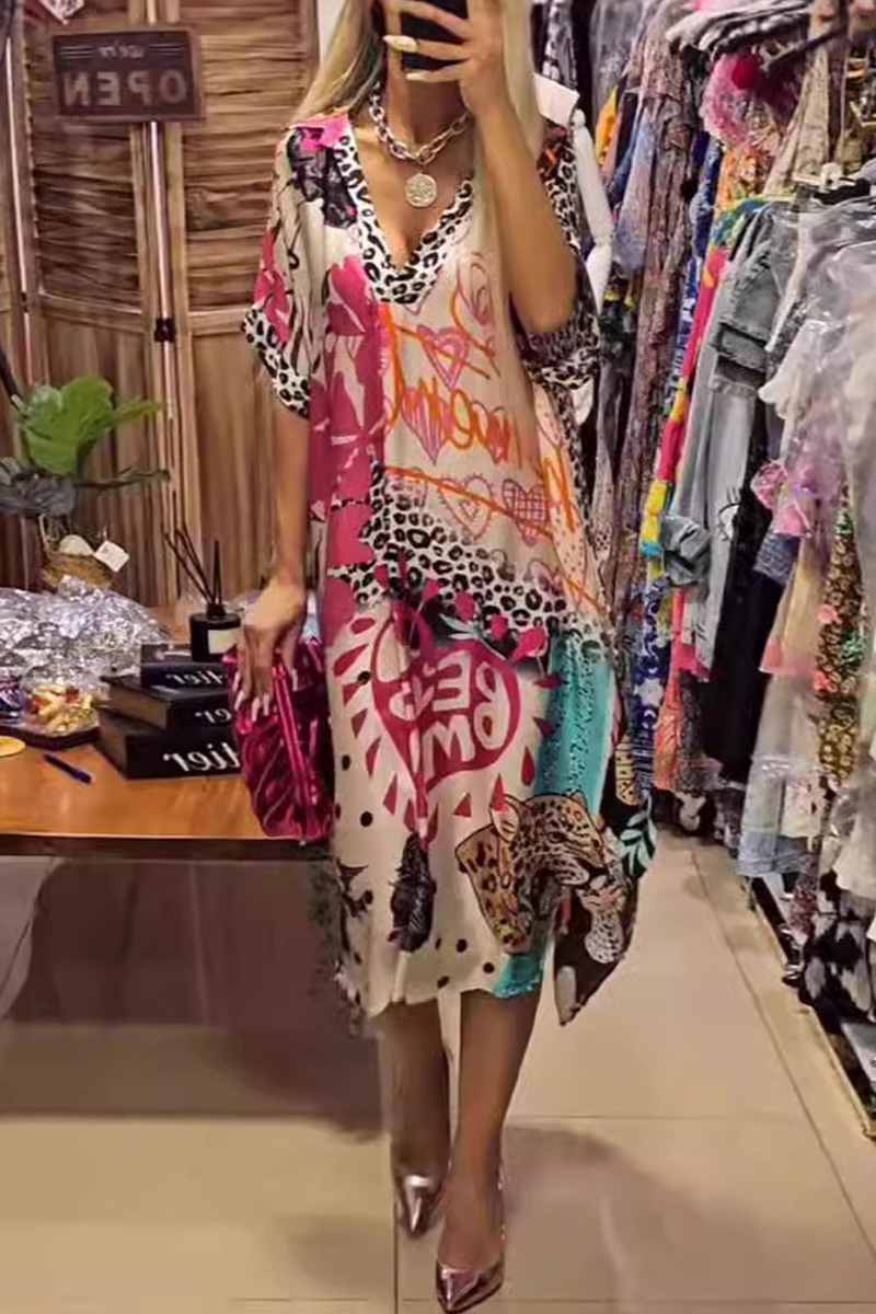 Letters Leopard Irregular V Neck A Line Short Sleeve Dress