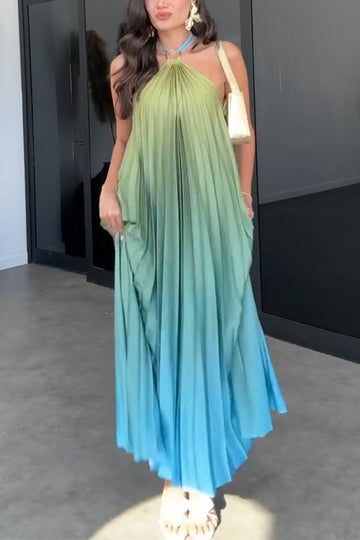 Halter Neck Rainbow Pleated Dress