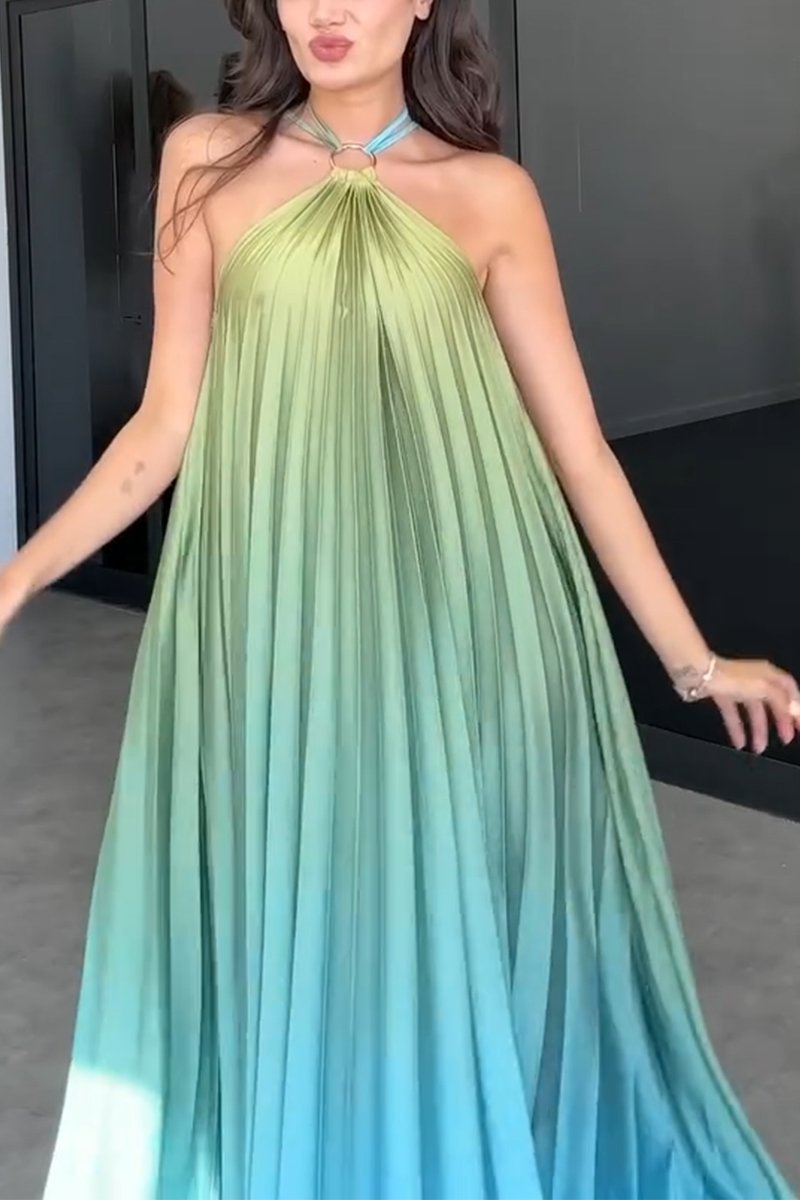 Halter Neck Rainbow  Pleated Dress