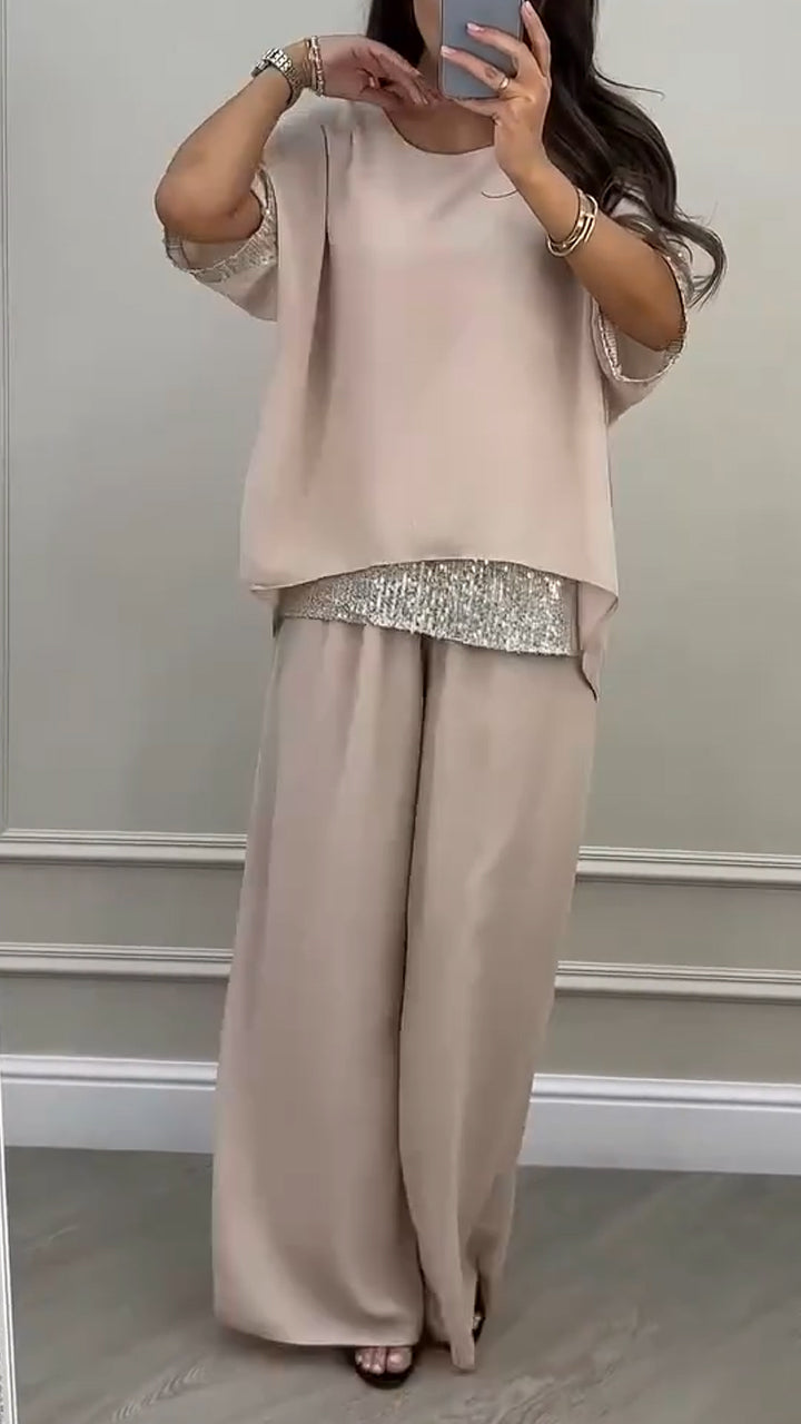 Women's Round Neck Shiny Splicing Casual Set