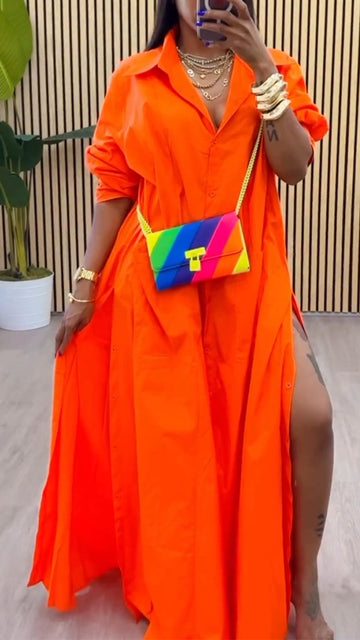 Women's Lapel Long Slit Casual Dress