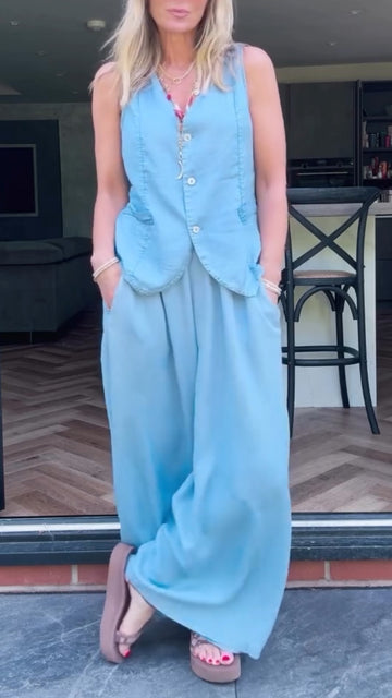 V-neck Sleeveless Casual Tencel Denim Suit