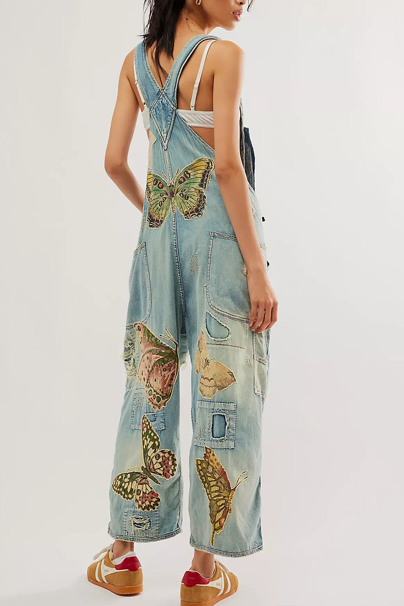 Women's Shoulder Strap Butterfly Print Casual Jumpsuit