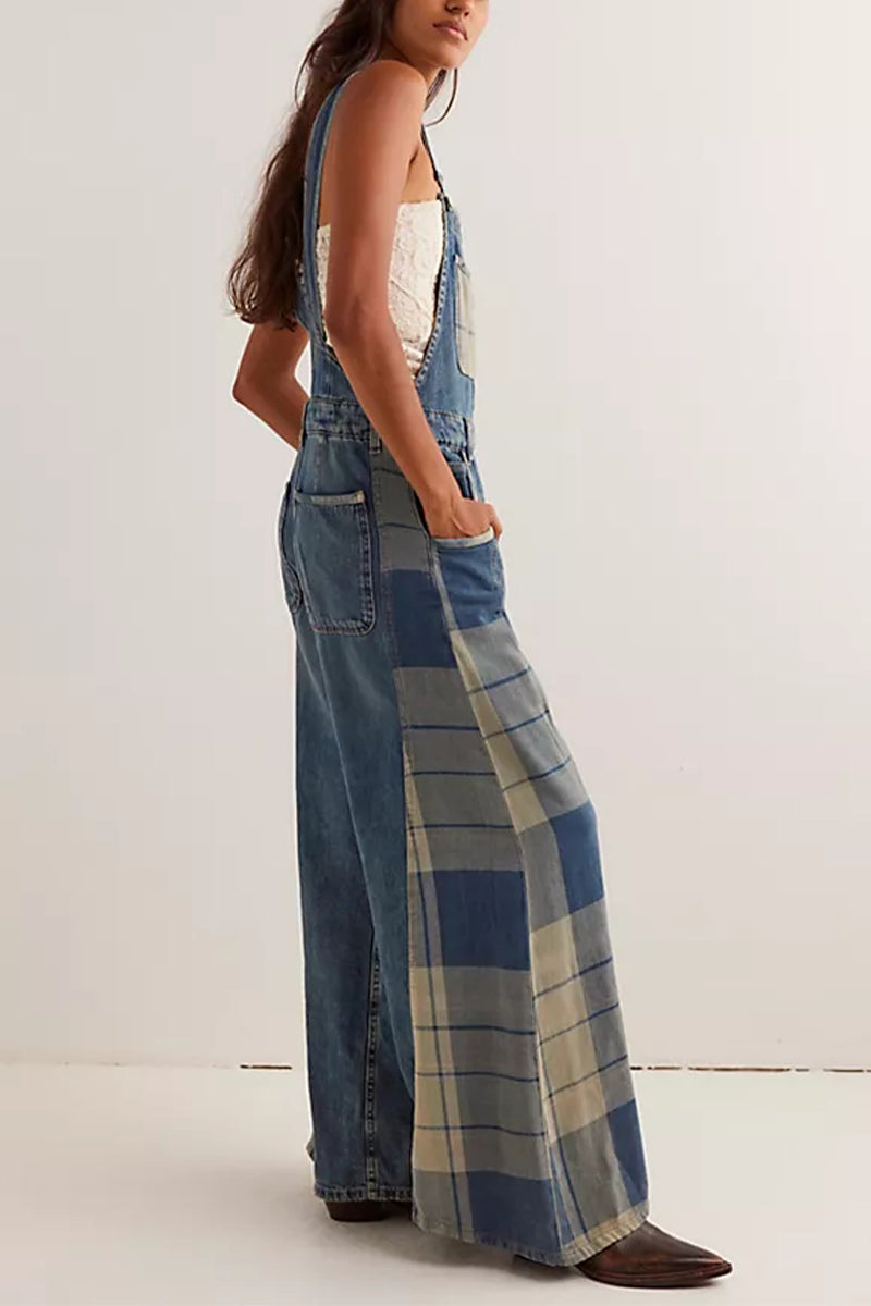 Women's Strap Patchwork Plaid Casual Jumpsuit