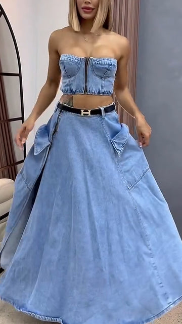 Ladies' Strapless Zipper Top+ Split Skirt Casual Set