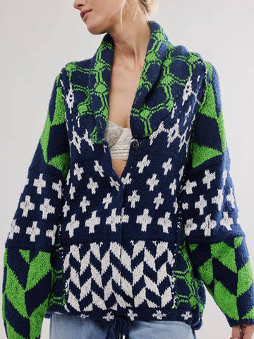 Women Y2K Abstract Print Lapel Loose Long-Sleeved Knitted Sweater