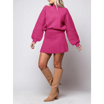Women's Long Sleeve Mock Neck Ribbed Sweaters And Mini Skirt Two Piece Sets