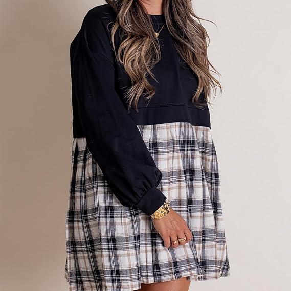 Women's Patchwork Plaid Round Neck Pullover Long Sleeve Short Skirt