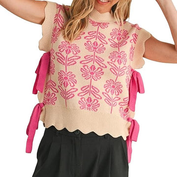 Women's Floral Side Tie Cap Sleeve Crew Neck Knit Vest