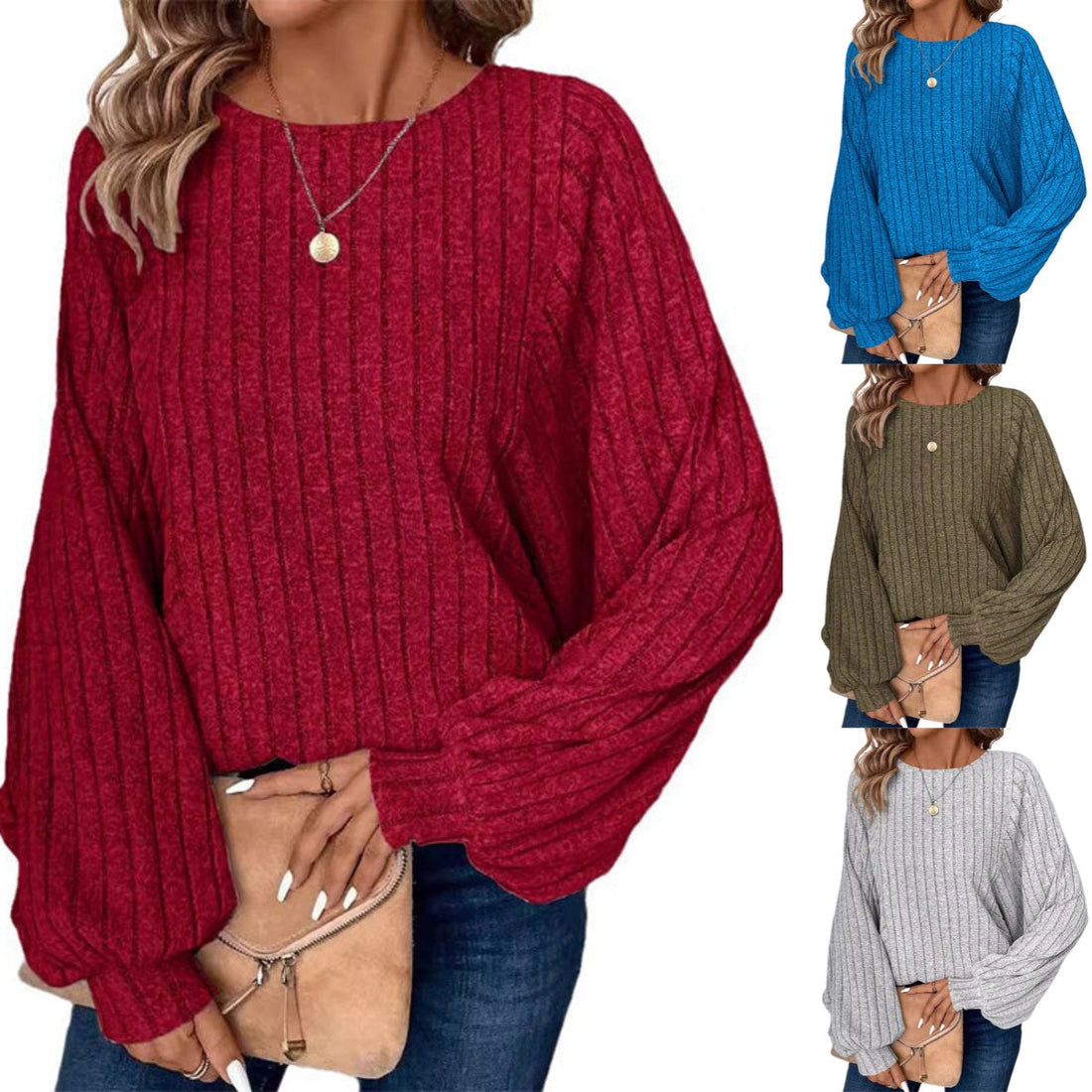 Women's Ribbed Loose-Fit Pullover Tops