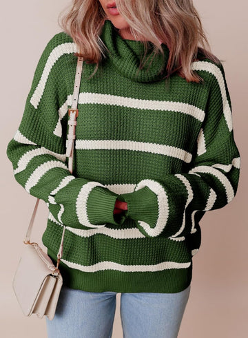 Women Casual Long Sleeve Turtleneck Knit Striped Color Block Loose Pullover