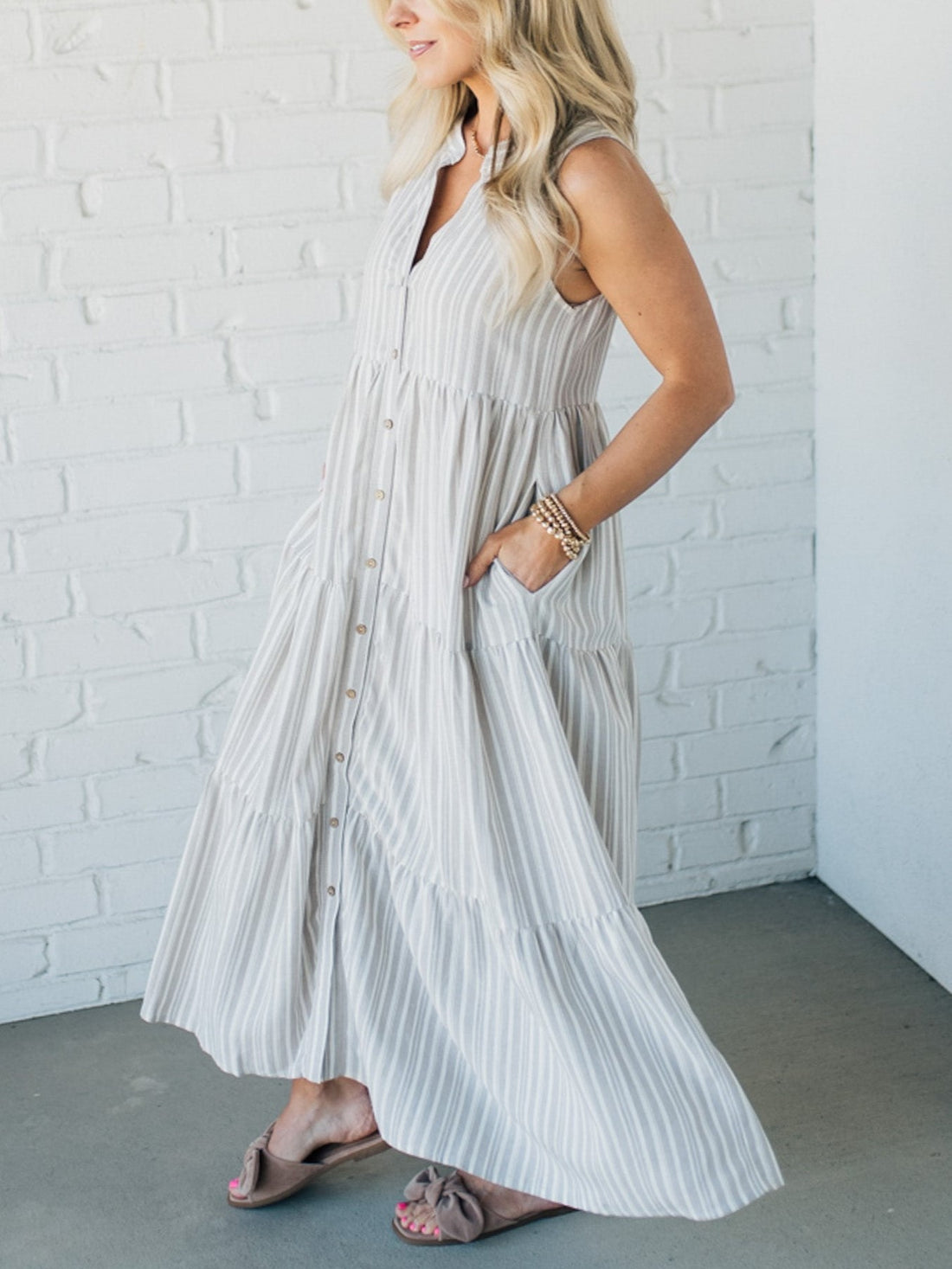V Neck Striped Button Front Tiered Dress