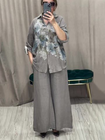 Women's Elegant Floral Print Blouse and Wide Leg Trousers Set